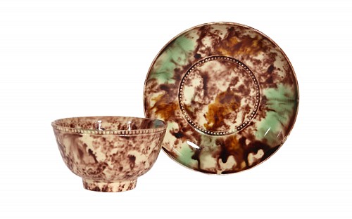 Inventory:  Creamware Pottery, 18th-century English Creamware Whieldon-type Tortoiseshell Tea Bowl & Saucer, 1775, $950