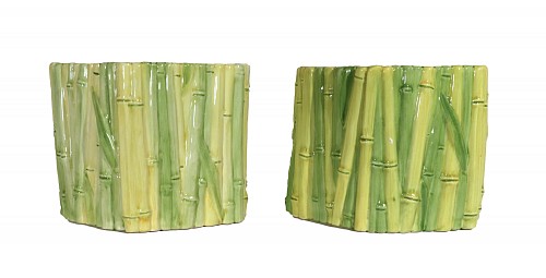 Inventory:  Vintage, Italian Hollywood Regency Faux Bamboo Ceramic Cachepots- A Pair, 1960s, $1,500