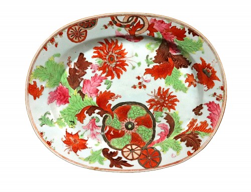 Inventory:  Chinese Export Porcelain, Chinese Export Pseudo Tobacco Leaf Porcelain Oval Dish, 1765, $3,000