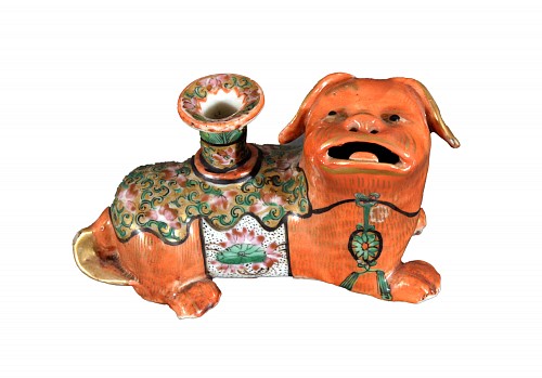 Chinese Export Porcelain Chinese Export Canton Porcelain Foo Dog Candlestick, 1860 $850