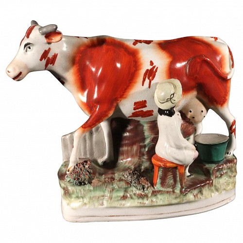 Inventory:  Staffordshire, Staffordshire Pottery Cow Figure with Milkmaid, 1860-80, $600