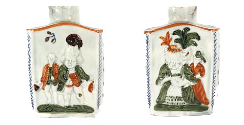 Pearlware Prattware Pottery Macaroni Tea Caddy, Possibly Prestonpans. Scotland or Staffordshire, 1790-1800 $1,250