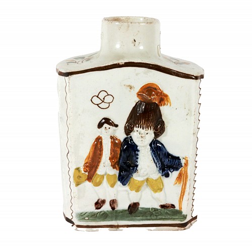 Pearlware Prattware Pottery "Macaroni" Tea Caddy, Possibly Prestonpans. Scotland or Staffordshire, 1790-1800 $1,250