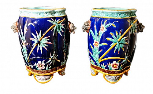 Inventory:  French Faience, Dramatic Pair of French Majolica Urns with Stork and Wolf's Head Handles, 1880, $7,500