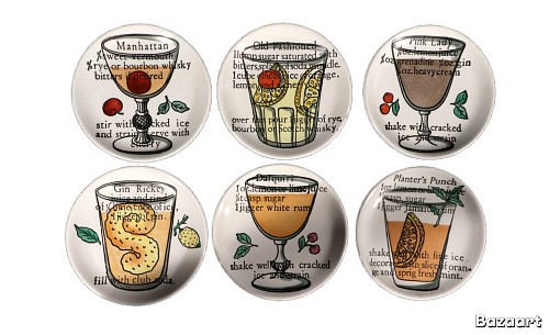 Inventory:  Piero Fornasetti, Piero Fornasetti Set of Six Ceramic Coasters with Cocktail Recipes, 1960, $750