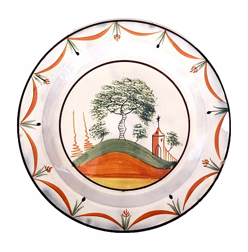 Pearlware Pastoral Charm: English Prattware Plate with Church and Hill, Circa 1810-20 $500
