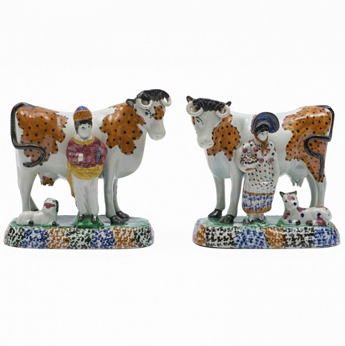 British Pottery Yorkshire Prattware Pottery Figures of Cows and Figures, 1810 $3,750