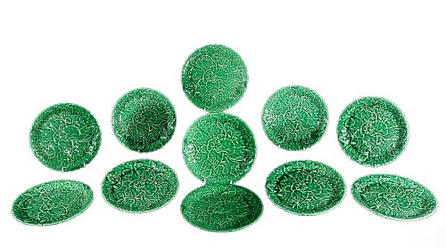 Vintage Vintage Green-glaze Majolica Lotus Pattern Pottery Plates- Set of Eleven, 1983 $1,250