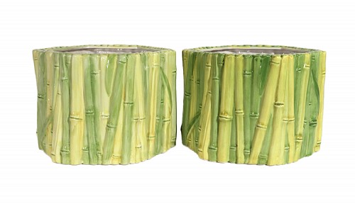 Vintage Italian Hollywood Regency Faux Bamboo ceramic Cache Pots- A Pair, 1960s $1,500