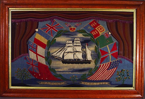 Sailor's Woolwork British Woolwork picture (woolie) of a Telescopic View of a Ship with Flags, Dated March 1878. SOLD &bull;