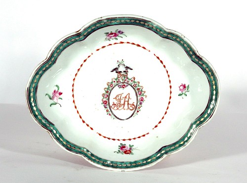 Inventory:  Chinese Export Porcelain, Chinese Export Porcelain Deep Dish with ""JA"" Cypher, 1785, $1,800