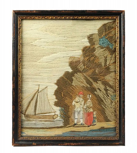 Inventory:  Woolwork, British Woolwork of a Family of Man, Wife and Child on the Seashore with Ship in Bay, 1860, $3,750