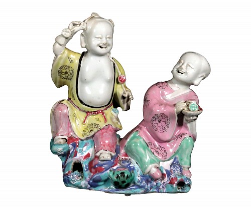Chinese Export Porcelain 18th-century Chinese Export Porcelain Double Boy Figure Group of Hehe Erxian, 1770-80 $4,500