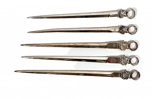 Inventory: Georgian Silver Meat Skewers, Eley & Fearn markers. A Set of Five, Late 18th Century, $3,000
