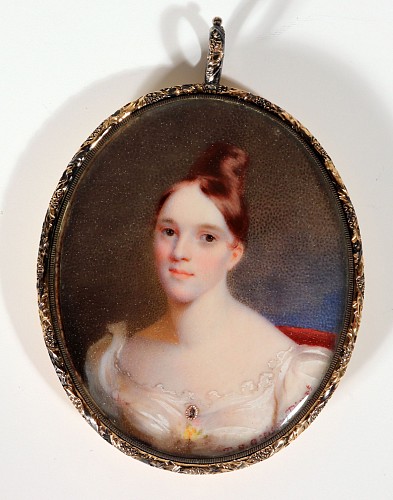 Portrait Miniature American Portrait Miniature Portrait of a Woman in a White Gown, Signed T.S. Officer, Pinxt, for Thomas Story Officer, 1830s $7,500
