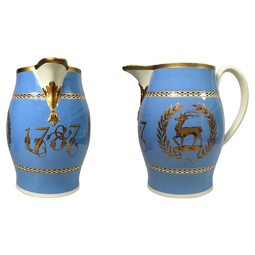 British Pottery English Pottery Blue Slip Crested Jug, Dated 1787, Dated 1787 $3,750