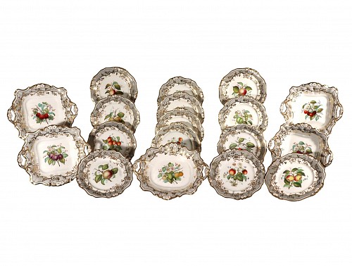 Inventory:  British Porcelain, Ridgway Porcelain Botanical Eighteen Piece Desert Service with Fruit, Circa 1830, $12,500