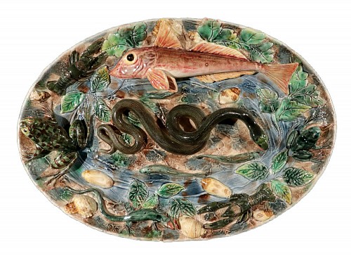 Inventory:  Majolica, French Majolica Palissy Dish, Longchamp, 1880, $3,750