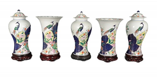 Inventory:  Chinese Export Porcelain, Vintage Tobacco Leaf Porcelain Garniture of Five Vases, 1960s, $7,500