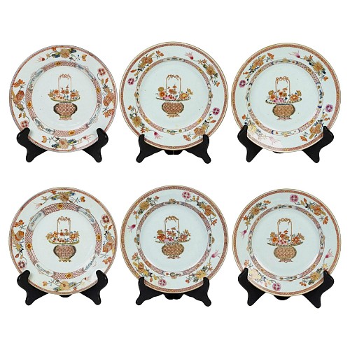 Chinese Export Porcelain Chinese Export Porcelain Famille Rose Plates Painted with Flower Baskets,
Yongzheng Period (1723-1735), 1723-30 $3,750