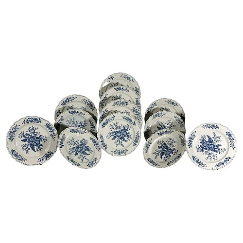 First Period Worcester Porcelain 18th Century Set of First Period Worcester Underglaze Blue Porcelain Pine Cone Pattern Dinner Plates, 1770 $5,500