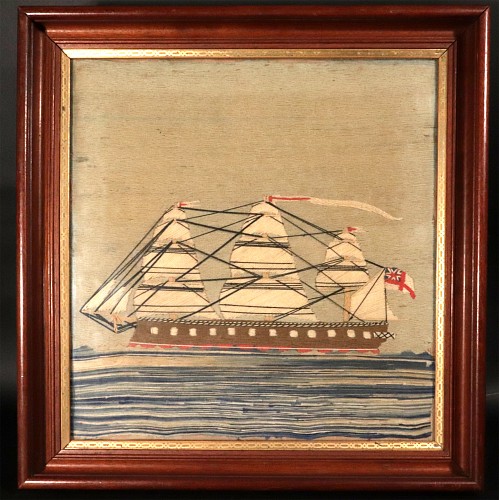 Inventory:  Sailor's Woolwork, British Sailor's Woolwork with Port Side view of Ram-bowed Royal Navy Ship, 1880, $3,750