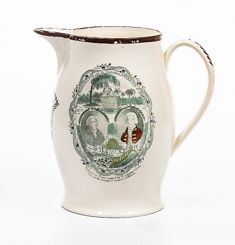 Inventory:  Creamware Pottery, The Memory of Washington and the Proscribed Patriots of America Transfer and Painted Creamware Jug, 1800-1815, $5,000