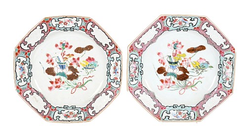 Inventory:  Chinese Export Porcelain, Chinese Export Porcelain Famille Rose Octagonal Botanical Plates- A Pair, 1740, $1,500