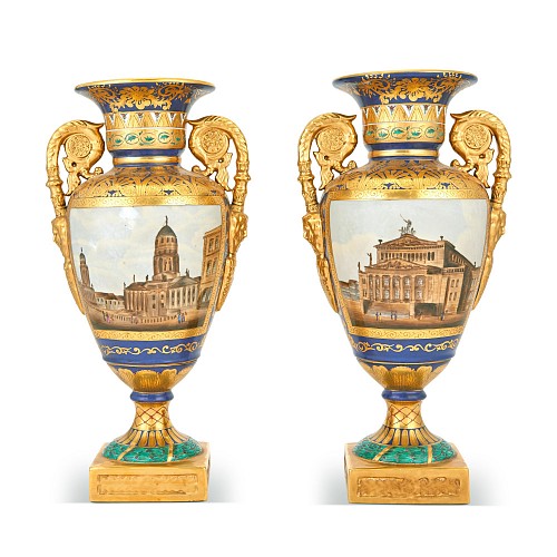 Inventory:  Paris Porcelain, French Porcelain Vases with Architectural Scenes, 19th Century, $4,500