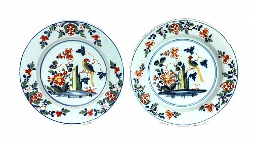 Inventory:  Lambeth Delftware, Lambeth London Delftware Polychrome Chinoiserie Plates decorated with Parrots, 1765, $1,500