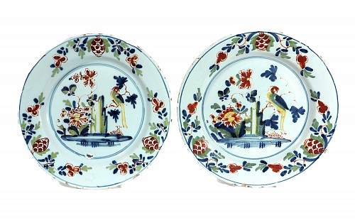 Inventory:  Lambeth Delftware, Lambeth London Delftware Polychrome Chinoiserie Pair of Plates decorated with Parrots, 1765, $1,500