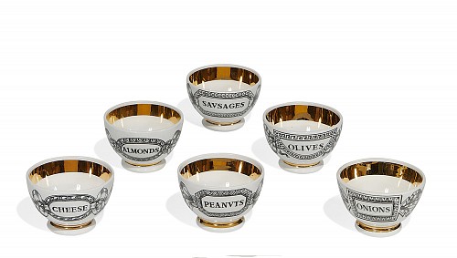 Inventory:  Piero Fornasetti, Complete Set of Six Ceramic ""Stuzzichini"" Barware Appetizer Bowls, 1960s-70s, $1,250