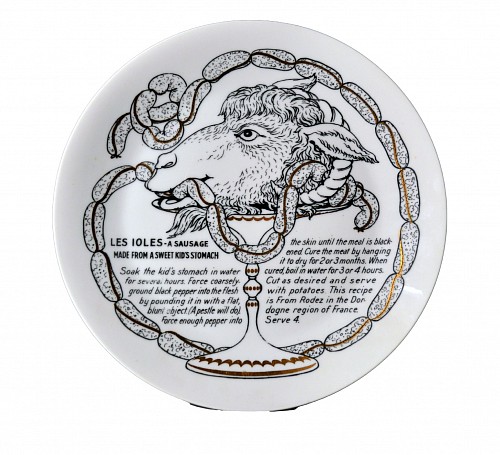 Piero Fornasetti Piero Fornasetti Fleming Joffe Porcelain Recipe Plate-Les Ioles-A Sausage Made From A Sweet Kid's Stomach, 1960s $850