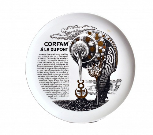Inventory:  Piero Fornasetti, Piero Fornasetti Fleming Porcelain Plate- ""Corfam a la Du Pont"" Made for Fleming Jofe, 1960s, $550