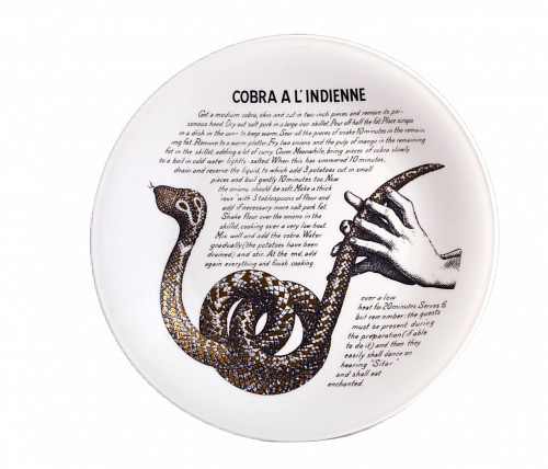 Inventory:  Piero Fornasetti, Piero Fornasetti Fleming Joffe Porcelain Recipe Plate- Cobra A L'Indienne, 1960s, $650
