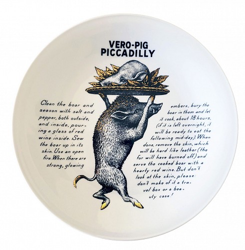Inventory:  Piero Fornasetti, Piero Fornasetti Recipe Plate, Vero-Pig Piccadilly, Made for Fleming Joffe, 1960s-1974, $900