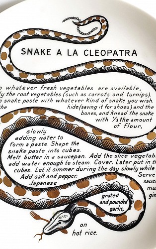 Inventory:  Piero Fornasetti, Piero Fornasetti Fleming Joffe Recipe Cook Plate- Snake a la Cleopatra, 1960s-1974, $795