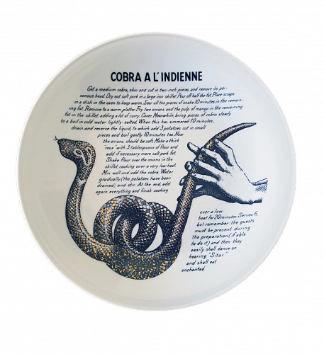 Inventory:  Piero Fornasetti, Vintage Piero Fornasetti Recipe Plate, Cobra A L'Indienne, Made for Fleming Joffe, 1960s, $650