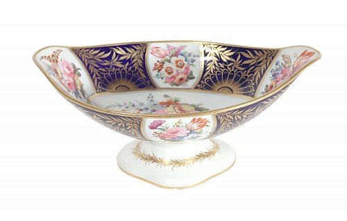 Inventory:  British Porcelain, Regency Porcelain Mazarine Blue and Botanical Footed Tazza, Circa 1820, $1,500