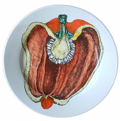 Inventory:  Piero Fornasetti, Piero Fornasetti Cut Fruit Pottery Plate, Sezioni Di Frutta Series, Peperone, Dated 1953, $750