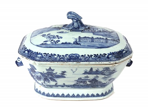 Inventory:  Chinese Export Porcelain, Chinese Export Porcelain Underglaze Blue & White Soup Tureen and Cover, 1775, $1,850