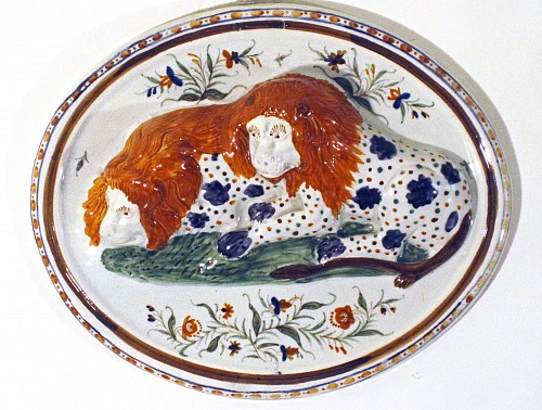 Inventory:  Pearlware, The Majestic and the Mundane: A Prattware Plaque of Folky Lions, 1800-40, $1,850