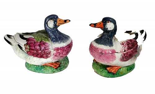 German Faience North German or Baltic Faience Tureens in the form of a Duck, A Pair $8,500