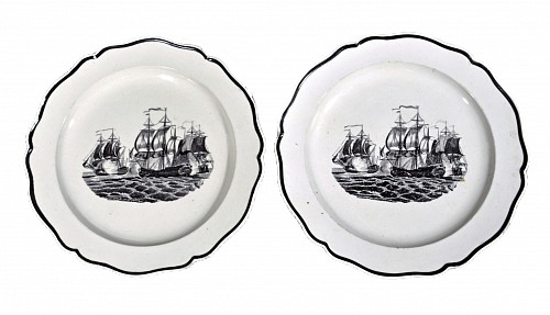 Inventory:  Pearlware, Antique English Liverpool Pottery Pearlware Printed Ship Plates, 1785-95, $950