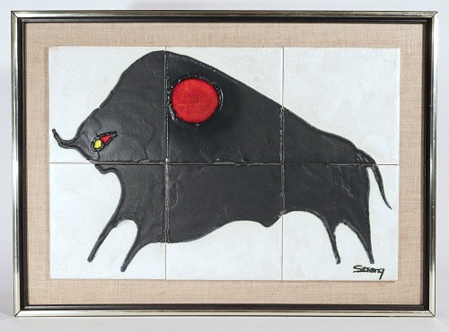 Inventory:  Vintage, MCM Modernist Tile Picture of a Bull by Harris G. Strong, 1970, $1,850
