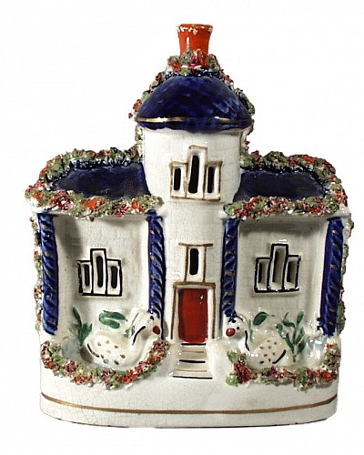 Inventory:  Staffordshire, Antique Staffordshire Pottery Model of a Cottage with Birds, Circa 1850, $450