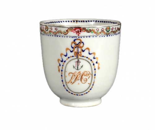 Inventory:  Chinese Export Porcelain, Chinese Export Porcelain Armorial Crested Coffee Cup with Ship's Anchor, 1780, $650