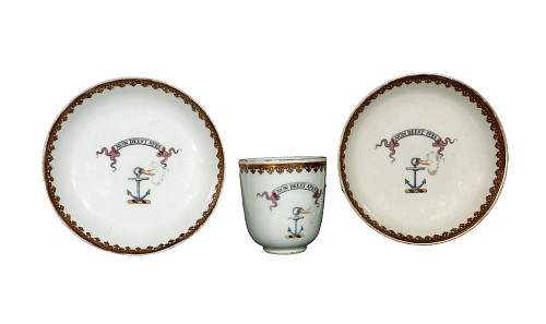 Chinese Export Porcelain Chinese Export Porcelain Armorial Coffee Cup and Two Saucers, Arms of Forbes of  Alford, 1765 $1,250