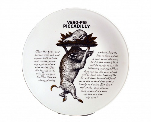 Inventory:  Piero Fornasetti, Piero Fornasetti Fleming Joffe Plate- Vero Pig Piccadilly, 1960s, $850