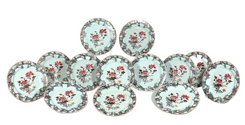 Inventory:  Chinese Export Porcelain, Chinese Export Famille Rose Porcelain Set of Thirteen Dinner Plates, Circa 1730-35, $7,500